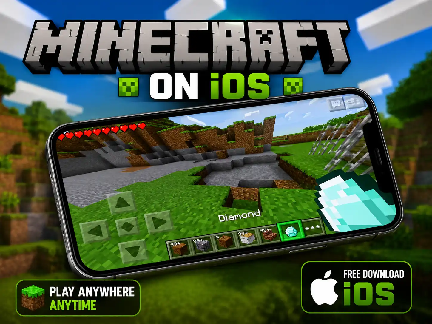 Minecraft gameplay displayed horizontally on an iPhone with a diamond item selected in the game.